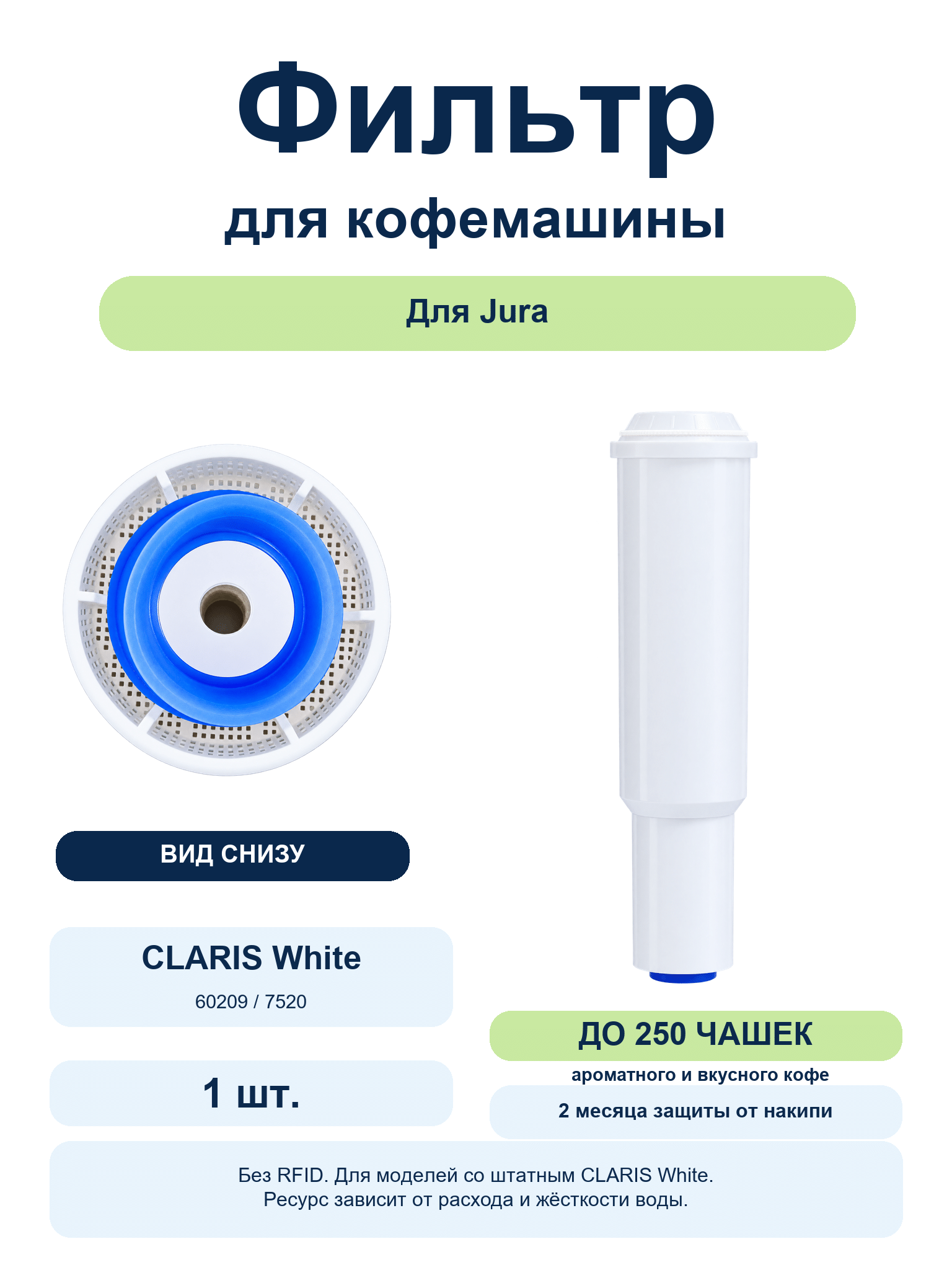 Фильтр Spring Source CMF002 для Jura CLARIS White — 1 шт. Фильтр Spring Source CMF002 типа CLARIS White для Jura: корпус и вид снизу, 1 шт.