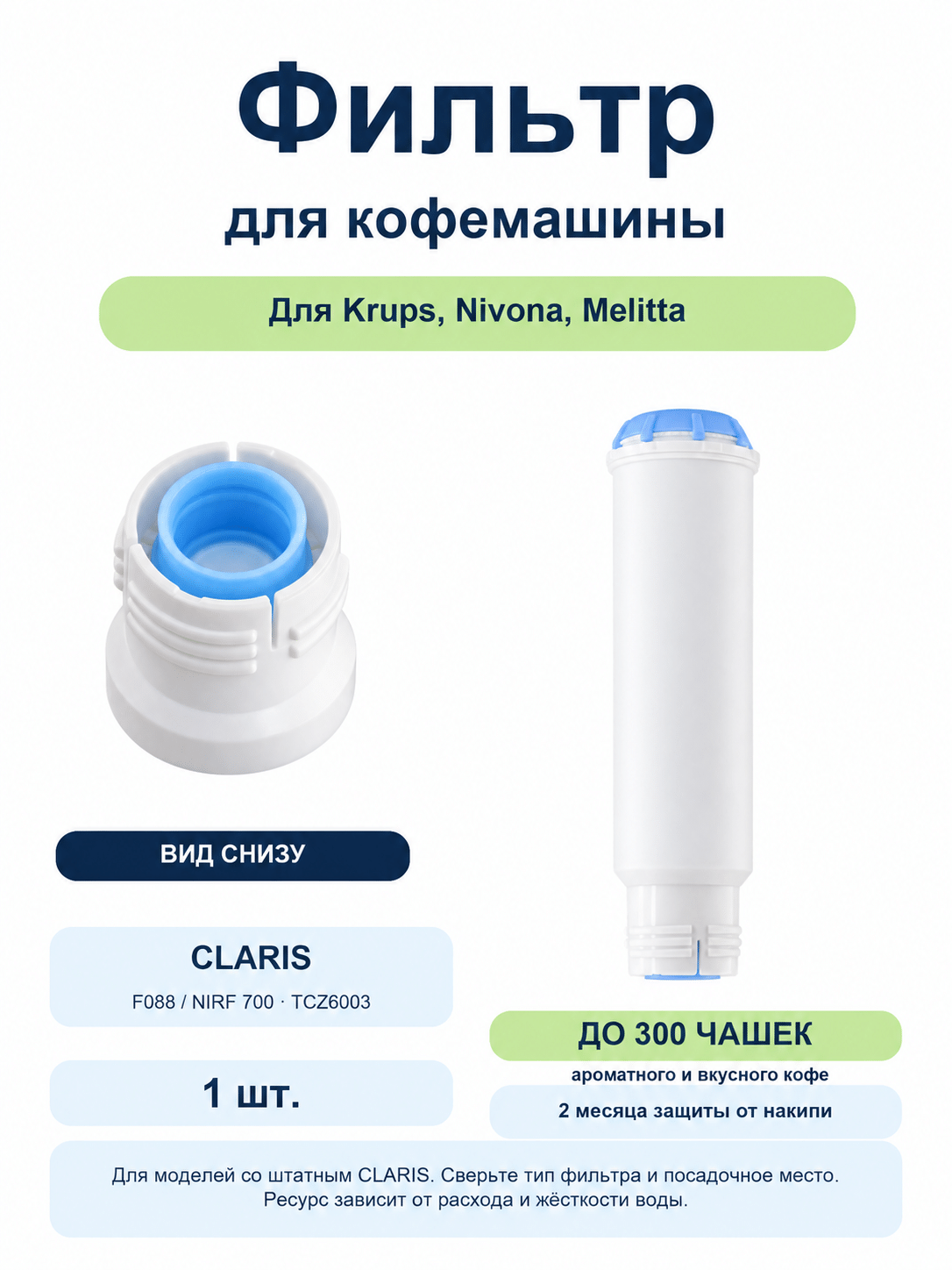 Белый фильтр Spring Source JTPG-1641 типа Claris F088 — 1 шт. Белый фильтр Spring Source JTPG-1641 типа Claris F088: корпус и вид снизу, 1 шт.